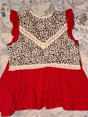 Umgee Red Ruffle Leopard Print Peplum Tank